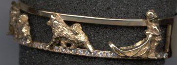 Samoyeds with Sled Racing On Ice (Diamonds) Solid 14K Gold Open Cuff Bracelet 