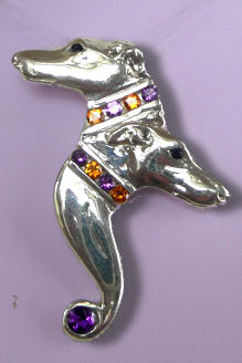 Sterling Silver Whippet Double Head with Full Cut Gemstone Collars and Black Diamond Eyes 