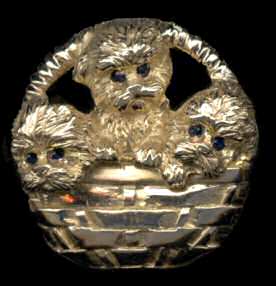14K Gold Bichon Frisé Puppies in Woven Basket with Sapphire Eyes