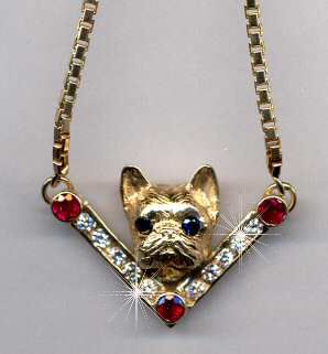 14K Gold French Bulldog Necklace with 3 Full Cut 1/2 carat Rubies and 10 Full Cut Diamonds and Box Link Chain