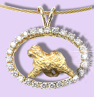 14K Gold Old English Sheepdog Trotting in Our Exclusive Diamond Oval