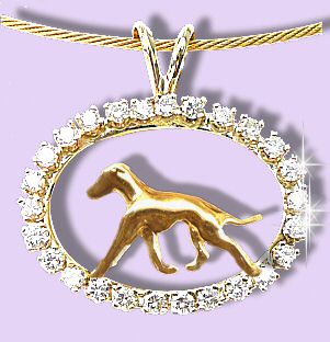 14K Gold Whippet Trotting in Our Exclusive Diamond Oval