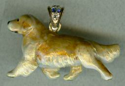 14K Gold Large Trotting Golden Retriever Enamel with Diamond and Sapphire Bale