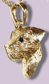 14K Gold Border Terrier Head Side View with Sapphire Eye-Front View
