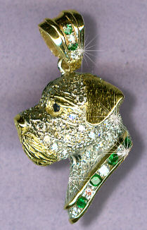 14K Gold Border Terrier Head Pavé with Diamonds and Diamond and Emerald Collar and Bale
