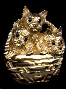 14K Gold Cairn Puppies with Sapphire Eyes in Woven Basket 