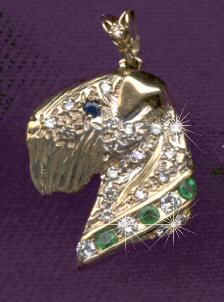 14K Gold Soft Coated Wheaten Terrier Head in Diamond and Emerald Square with Sapphire Eye