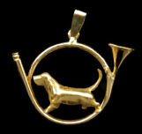 14K Gold Dog Jewelry Basset Hound in Hunting Horn for Pin or Pendant