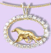 14K Gold Borzoi Trotting in Our Exclusive Diamond Oval with 1.2 carats of brilliant cut Diamonds/Gemstones