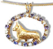 14K Gold Pembroke Welsh Corgi Trotting in Our Exclusive Diamond Oval with 1.2 carats of brilliant cut Diamonds and Tanzanite