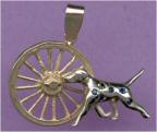 14K Gold Trotting Dalmatian with Sapphire Spots and Large Old-Fashioned Fire Truck Wheel