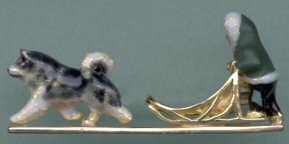 Alaskan Malamute Pin with Sled and Musher in 14K Gold and Enamel