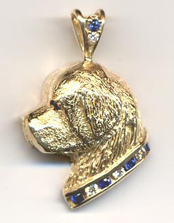 14K Gold Large Newfoundland Head with Sapphire or Ruby and Diamond Collar and Bale