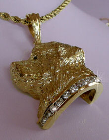 14K Gold Extra Large Newfoundland Head Jewelry with Black Diamond Eye and .75 of Full Cut Gemstones -Front View