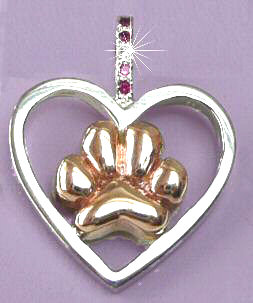 14K White Gold Open Heart with 14K Yellow Gold Puff Paw and Ruby and Diamond Inset Bail