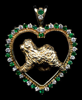 Old English Sheepdog in Diamond and Emerald Heart