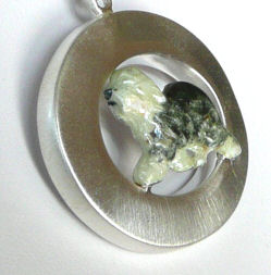 14K Gold or Sterling Silver Trotting Old English Sheepdog with Enamel Artwork in Satin Brushed Oval-Front View