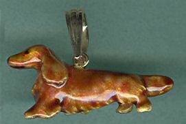 14K Gold and Enamel Large Red Long Haired Dachshund
