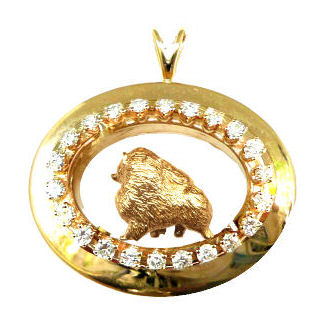 ONE of a KIND 14K Gold Pomeranian in Shadow Box enhanced with 1.2 carats of full cut diamonds, or your Gemstone choice