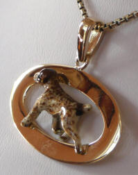 14K Gold or Sterling Silver Narrow Glossy Oval with Trotting German Shorthaired Pointer in Enamel Artwork