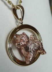 14K Gold Norwich Terrier in PINK GOLD trotting in Yellow Gold Oval -Front Side View