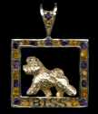 14K Gold Bichon Frise Trotting in Square with BISS Letters and Amethysts and Citrines