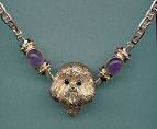 14K Gold Bichon Necklace with Cabachon Amethysts and Decorative Chain; Sapphire Eyes