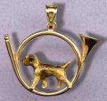14K Gold Dog Jewelry Border Terrier Enamel in Hunting Horn
