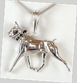 14K Gold or Sterling Silver Large Trotting Boxer with Black Diamond Collar and Black Diamond Eye