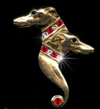 14K Gold Dog Jewelry Greyhound Double Head with Diamond and Ruby Collars