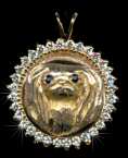14K Gold Dog Jewelry Pekingese  Small Peke Head with Sapphire Eyes in Diamond Bezel
