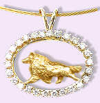 14K Gold Shetland Sheepdog Trotting in Our Exclusive Diamond Oval