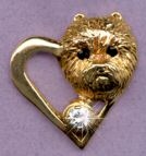 14K Gold Dog Jewelry West Highland White Terrier  Head in Heart with Diamond