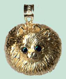 14K Gold Large Pomeranian Head with Sapphire Eyes 