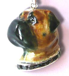 Large Sterling Bullmastiff Head with our Exclusive Enamel Artwork and BLACK DIAMOND Collar-Frontal View