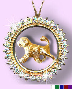 14K Gold Portuguese Water Dog with Lion Cut in Diamond and Gemstone Circle