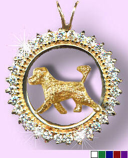 14K Gold Portuguese Water Dog with Retriever Cut in Diamond and Gemstone Circle